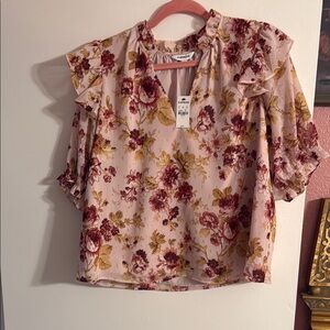 Floral Ruffle Sleeve Top - Pink and Yellow